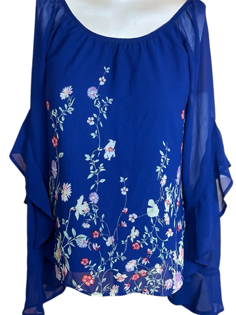 HeartSoul Royal Blue Floral Ruffle Sleeve Chiffon Blouse Size Small